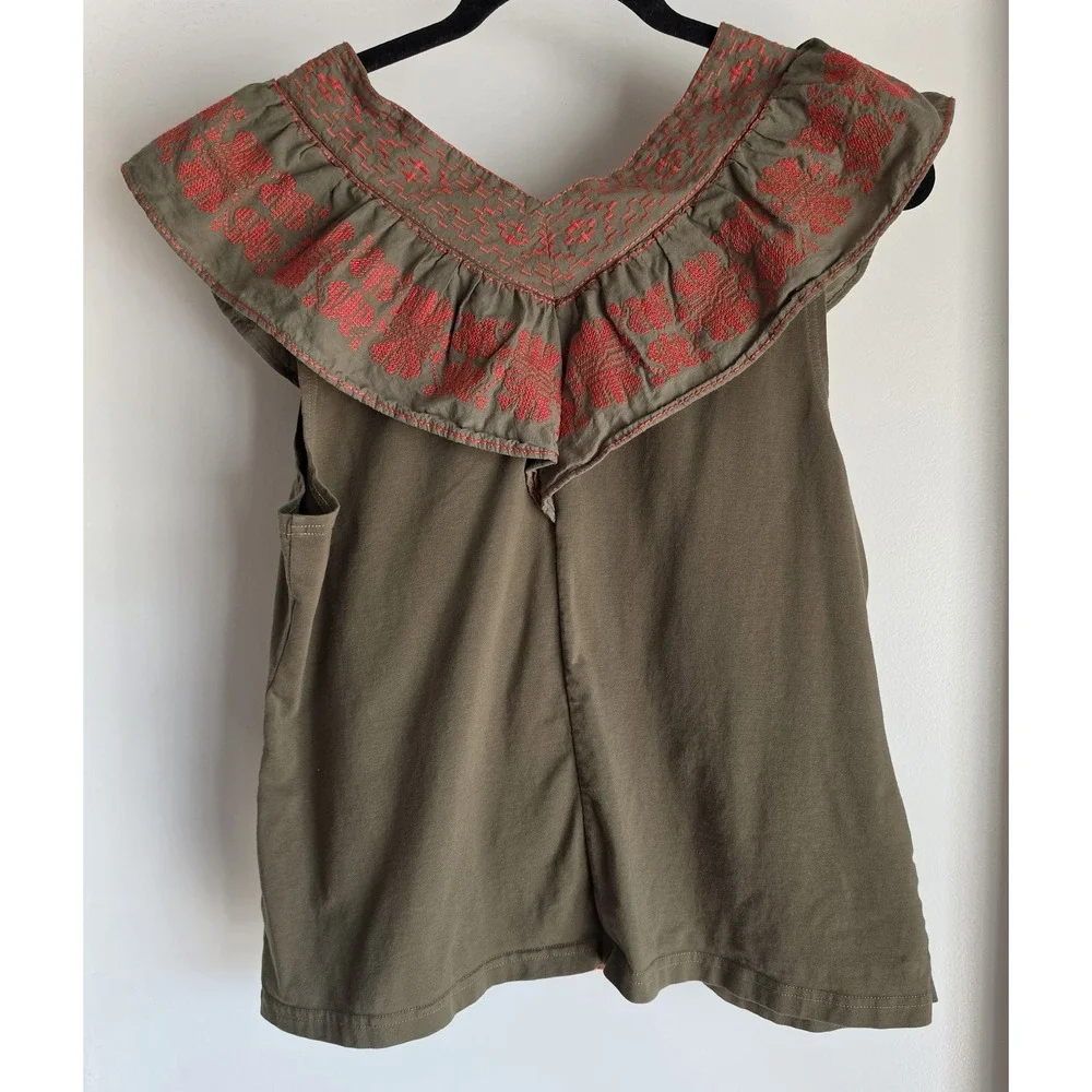 Anthro Reath & Wren Top Women L Boho Olive Red Embroidered V-Neck Sleeveless